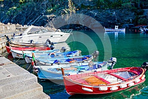 Beautiful cozy bay with boats and clear turquoise water in Italy coast, Liguria, Europe