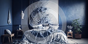 beautiful Cozy Blue and White Bedroom design. Generative AI