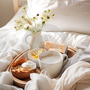 Beautiful cozy breakfast in bed, home bedroom interior with bright morning light, healthy food on decorated tray