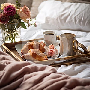 Beautiful cozy breakfast in bed, home bedroom interior with bright morning light, healthy food on decorated tray