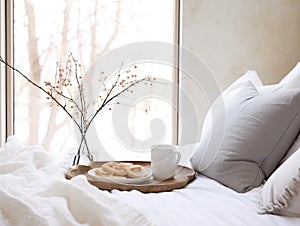 Beautiful cozy breakfast in bed, home bedroom interior with bright morning light, healthy food on decorated tray