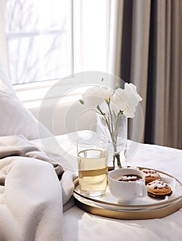 Beautiful cozy breakfast in bed, home bedroom interior with bright morning light, healthy food on decorated tray