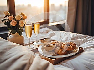 Beautiful cozy breakfast in bed, home bedroom interior with bright morning light, healthy food on decorated tray