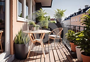 Beautiful cozy design of balcony or terrace with wooden floor, chair and green plants in pots. Cozy relaxation area at home