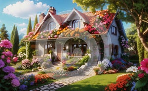 Beautiful cozy house surrounded by a flowers garden