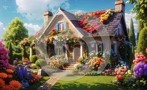 Beautiful cozy house surrounded by a flowers garden