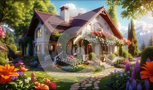 Beautiful cozy house surrounded by a flowers garden