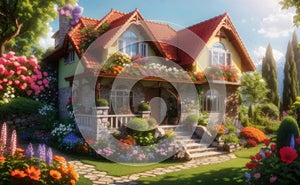 Beautiful cozy house surrounded by a flowers garden