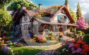 Beautiful cozy house surrounded by a flowers garden