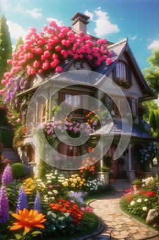 Beautiful cozy house surrounded by a flowers garden