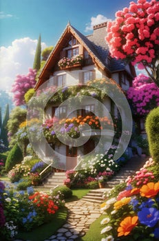 Beautiful cozy house surrounded by a flowers garden