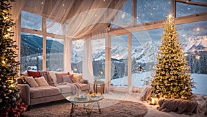 Beautiful cozy living room eco house in nature, winter room comfort design house