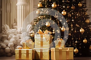 Beautiful cozy New Year Xmas eve house room interior big decorated shiny garland gold balls ornaments Christmas tree