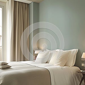 Beautiful cozy pastel colored modern bedroom interior. Generative AI.