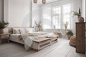 Beautiful cozy Scandinavian bedroom with wooden frame bed and interior decorations. Generative Ai