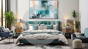 Beautiful cozy white modern bedroom interior. Generative AI.