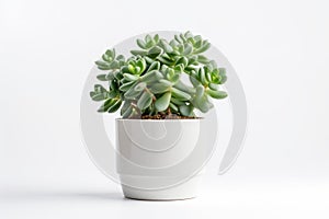 Beautiful Crassula ovata, Jade Plant,Money Plant, succulent plant in a modern flower pot on a white table on a light background AI