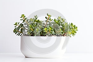 Beautiful Crassula ovata, Jade Plant,Money Plant, succulent plant in a modern flower pot on a white table on a light background AI