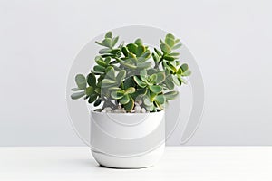 Beautiful Crassula ovata, Jade Plant,Money Plant, succulent plant in a modern flower pot on a white table on a light background AI