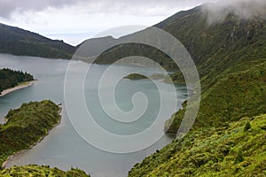 The beautiful crater of Lake Lagoa do Fogo in the stratovolcano Agua de Pau Massiva in the center of the island of San Miguel