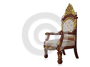 Beautiful cream fabric on brown and gold wood chair on white background, furniture, object, decor, fashion, temple, copy space