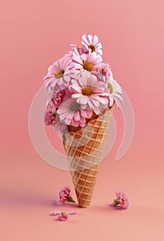 Beautiful and creative bouquet of pink flowers in waffle ice cream cone.