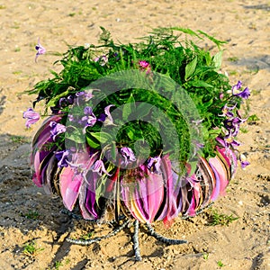 Beautiful creative bridal wedding bouquet on beach