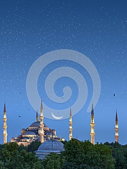 Beautiful crescent moon over Blue Mosque in Istanbul, Turkey