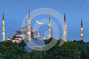 Beautiful crescent moon over Blue Mosque in Istanbul, Turkey