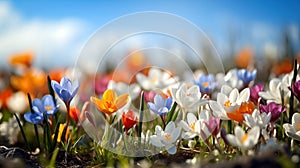 Beautiful crocuses blooming in the meadow in spring. Selective focus