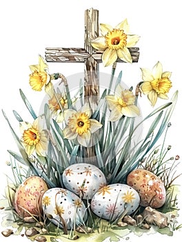 Beautiful cross with easter eggs and daffodils, on white background in watercolor