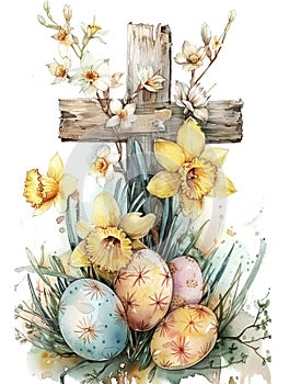 Beautiful cross with easter eggs and daffodils, on white background in watercolor