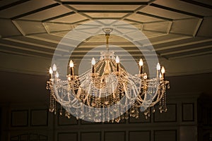 Beautiful Crystal Chandelier in Banquet Hall photo