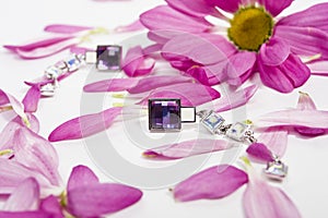 Beautiful crystal earings with lila petals photo