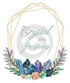 The beautiful Crystal and Gemstones of flower foliage leaves wreath frame bouquet Composition watercolor Gouache Hand Painted