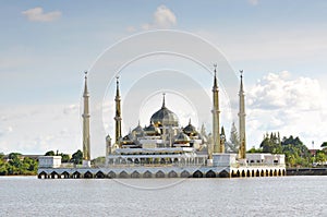 Beautiful crystal mosque with blue sky and clouds at Terengganu, Malaysia