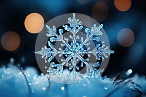 Beautiful crystal snowflake on the snow. Winter background. Generated by artificial intelligence