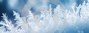 Beautiful crystals of hoarfrost close-up macro on a natural atmospheric blue background. Winter snow background