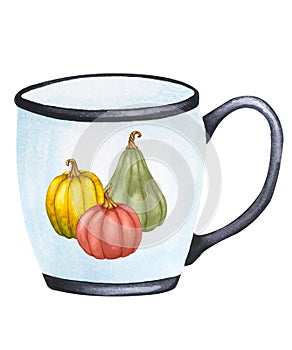 Beautiful cup. Hot drink. Autumn decor, autumn mood, cozy home. Watercolor element