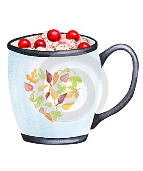 Beautiful cup. Hot drink with marshmallows. Autumn decor, autumn mood, cozy home. Watercolor element