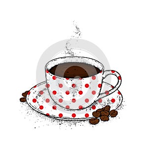 Beautiful cup and saucer. Coffee in a cup and coffee beans. Vector illustration.