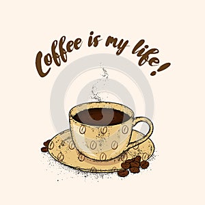 Beautiful cup and saucer. Coffee in a cup and coffee beans. Vector illustration.