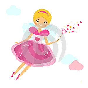 Beautiful Cupid girl spreading love dust. Winged flying fairy in pink dress flapping wand. Valentines day, romantic character. Vec