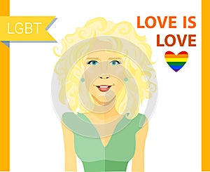 Beautiful curly blond girl with LGBT badge. Gays and lesbian couple vector illustration. Slogan love is love and rainbow
