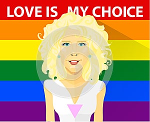 Beautiful curly blond girl with LGBT t-shirt. Gays and lesbian couple vector illustration. Slogan love is my choice and