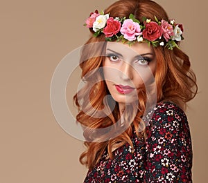 Beautiful Curly Redhead in Fashion Flower Wreath