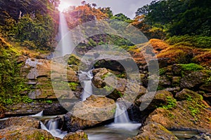 Beautiful `Curug Sewu` waterfall in the tropical forests of the Bruno region, Purworejo, Indonesia