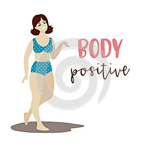 Beautiful curv girl and handwritten inscription Body positive. Happy body positive concept. Attractive overweight woman. photo