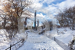 Beautiful Empty Winter Steps up a Hill at Central Park Covered with Snow in New York City