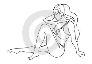 Beautiful curvy female body one line art illustration. Minimalistic linear female figure.